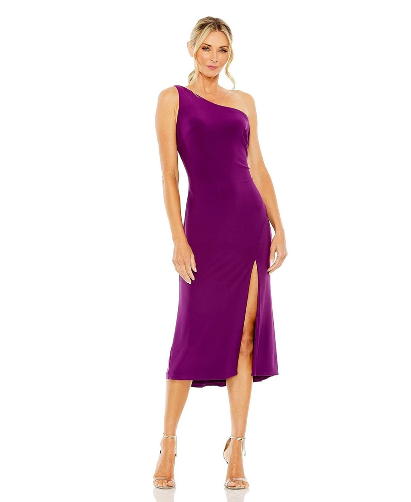 Mac Duggal Women's Ieena One Shoulder Cowl Back Jersey Midi Dress