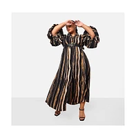 Rebdolls Plus Size Imelda Stripe Print Puff Sleeve Over d Maxi Dress