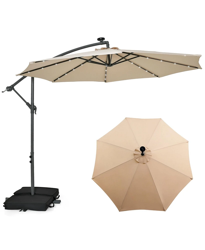 Costway Patio 10FT Hanging Offset Umbrella 32 Led Lights Sand Bag Outdoor Cross Base