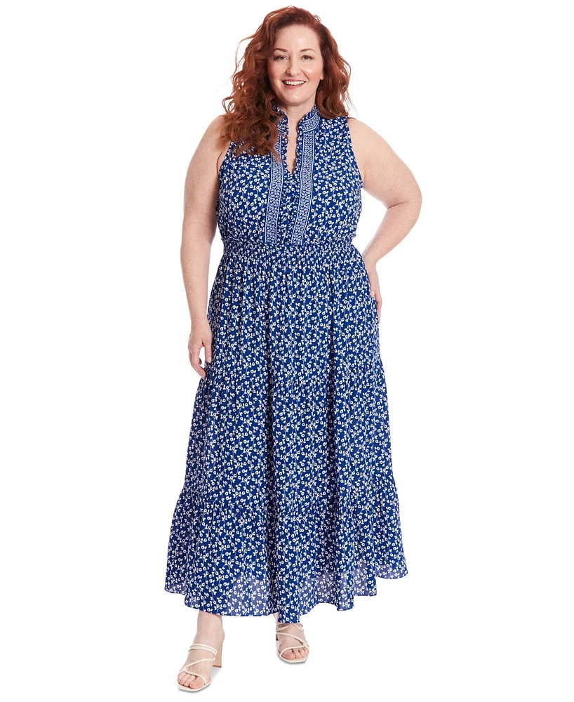 London Times Plus Size Floral-Print Ruffle-Collar Maxi Dress