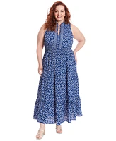 London Times Plus Size Floral-Print Ruffle-Collar Maxi Dress