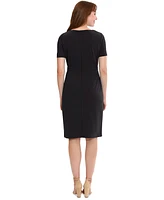 London Times Petite Solid Bow-Neck Short-Sleeve Sheath Dress