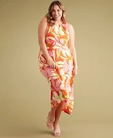 London Times Plus Floral-Print Twisted-Waist Maxi Dress