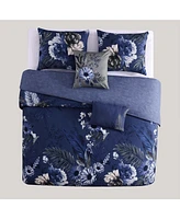 Bebejan Delphine Blue Bedding 200 Thread Count 100% Cotton Sateen 5 Piece Reversible Queen Comforter Set