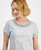 I.n.c. International Concepts Petite Cotton Rhinestone-Neck Top, Created for Macy's