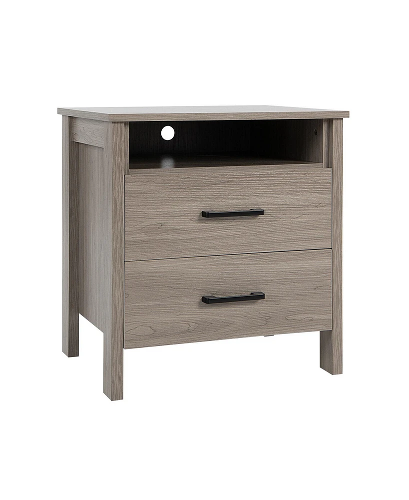 Slickblue Modern Wood Grain Nightstand with Cable Hole and Open Compartment