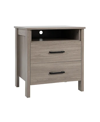 Slickblue Modern Wood Grain Nightstand with Cable Hole and Open Compartment