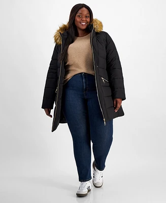 Maralyn & Me Plus-Size Belted Faux-Fur-Hooded Puffer Coat