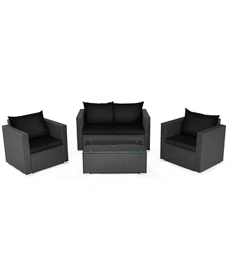 Slickblue 4 Pieces Patio Rattan Conversation Set with Padded Cushion and Tempered Glass Coffee Table