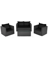 Slickblue 4 Pieces Patio Rattan Conversation Set with Padded Cushion and Tempered Glass Coffee Table