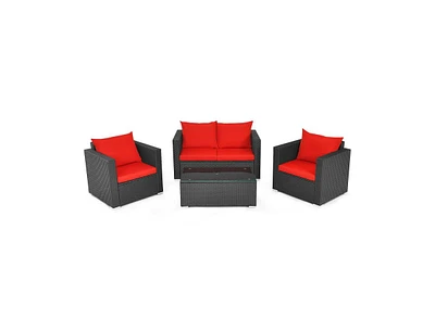 Slickblue 4 Pieces Patio Rattan Conversation Set with Padded Cushion and Tempered Glass Coffee Table