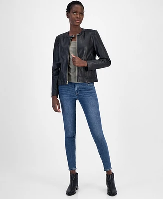 Cole Haan Women's Woven-Shoulder Zip-Front Leather Coat