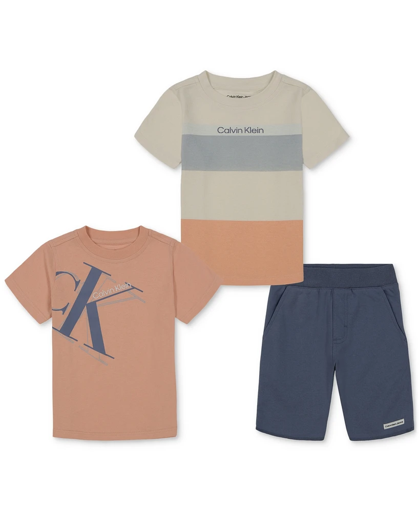 Calvin Klein Toddler 2 Colorful Logo Tees and French Terry Shorts, 3 piece