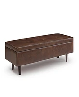 Simpli Home Shay Mid Century Rectangular Storage Ottoman in Distressed Chestnut Brown Pu Leather