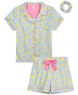 Max & Olivia Girls 3-Pc. Lemon-Print Stripe Pajama Top, Shorts Scrunchie Set