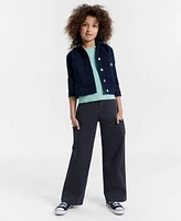 Calvin Klein Big Girls Serenity Denim Jacket Flutter Sleeve Crewneck Rib Knit Top Wide Leg Twill Cargo Pants