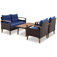 4-Piece Garden Furniture, Patio Seating Set, Pe Rattan Outdoor Sofa Set, Wood Table And Legs