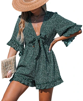 Cupshe Women's Green-and-White Polka Dot Front Tie Cutout Romper