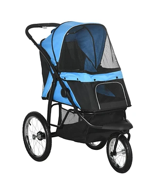 PawHut Pet Stroller for Small and Medium Dogs, 3 Big Wheels Foldable Cat Stroller with Adjustable Canopy, Safety Tether, Storage Basket
