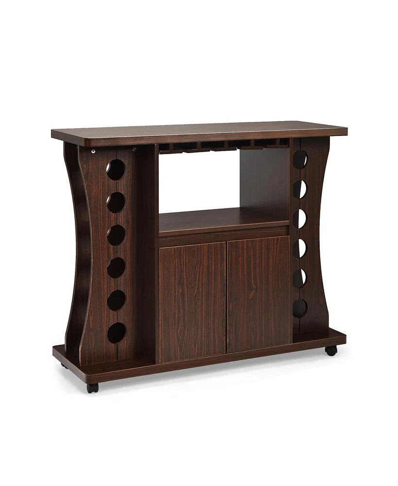 Slickblue Rolling Buffet Sideboard Wooden Bar Storage Cabinet-Walnut