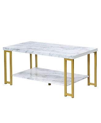 Slickblue 2-Tier Rectangular Modern Coffee Table with Gold Print Metal Frame
