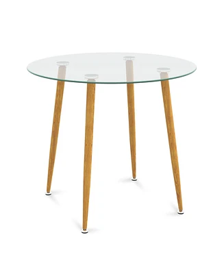 Slickblue Round Glass Dining Table Leisure Coffee Table with Metal Legs-Natural