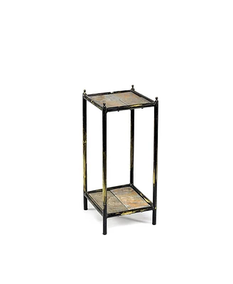 Ore International 17 in. Gray Stone Slab 2 Tier Square Cast-Iron Plant Stand, Small