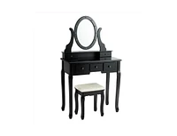 Slickblue 5 Drawers Vanity Table Stool Set with 12-led Bulbs-Black