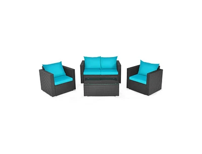 Slickblue 4 Pieces Patio Rattan Conversation Set with Padded Cushion and Tempered Glass Coffee Table