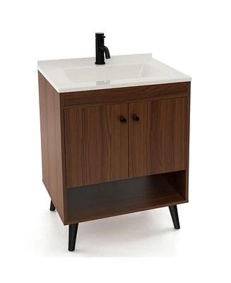 Slickblue 25 Inch Wooden Bathroom Storage Cabinet with Sink-Walnut