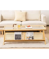 Slickblue Z-Shaped Handwoven Bamboo Coffee Table with Tempered Glass Top-Natural