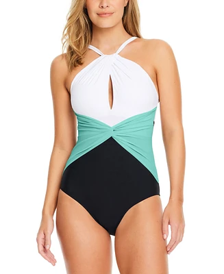 Beyond Control Women's Colorblocked High-Neck Keyhole Twist-Detail One-Piece Swimsuit