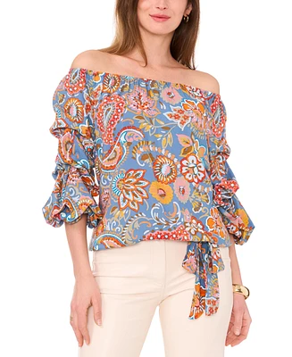 Vince Camuto Women's Printed Off The Shoulder Bubble Sleeve Tie Front Blouse