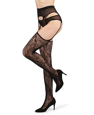 MeMoi Women's All-In-One Lace Suspender Floral Fishnet Tights