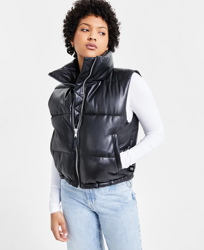 S13 Women's Faux-Leather Stand-Collar Puffer Vest