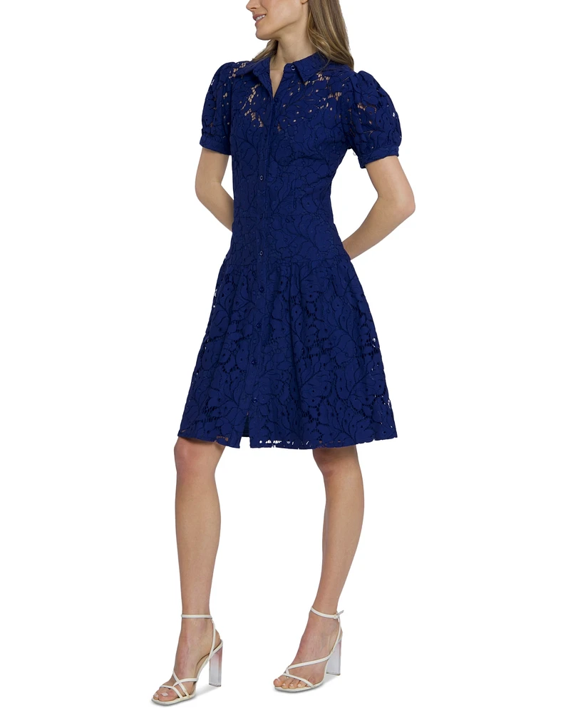 Maggy London Women's Floral-Lace Puff-Sleeve Shirtdress