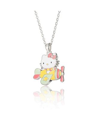 Hello Kitty Sanrio Silver Plated Enamel Pink Crystal 3D Plane Necklace