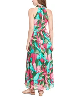 London Times Women's Floral-Print Wrap-Neck Tie-Front Halter Maxi Dress