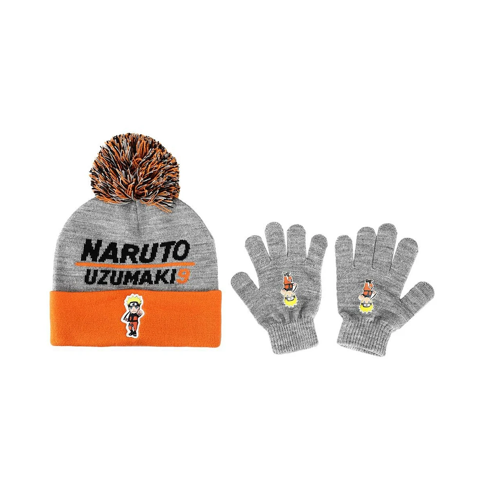 Naruto Boys Shippuden Cuffed Beanie Hat with Pom and Gloves Combo Set