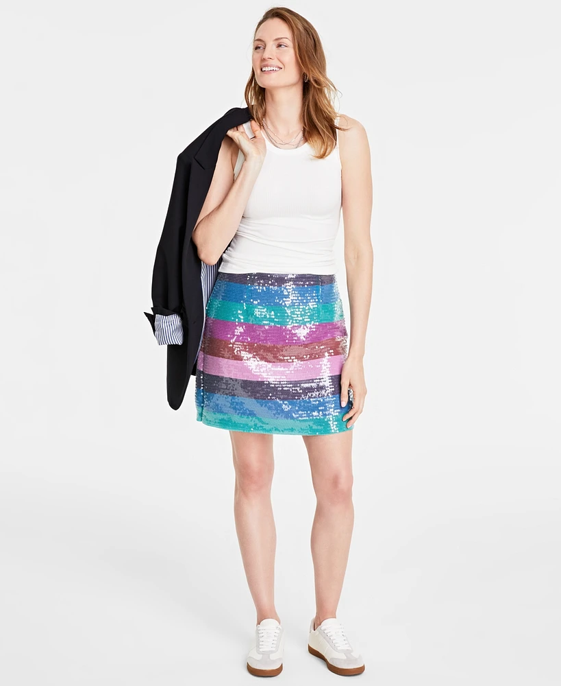 On 34th Women's Mid-Rise Boardwalk-Stripe Sequined Mini Skirt, Created for Macy's