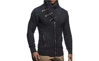 Leif Nelson Men's Knitted Shawl Collar Cardigan with Leather Buckle Detail