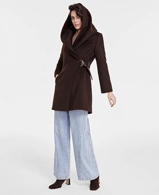 Via Spiga Women's Belted Hooded Shawl Wrap Coat