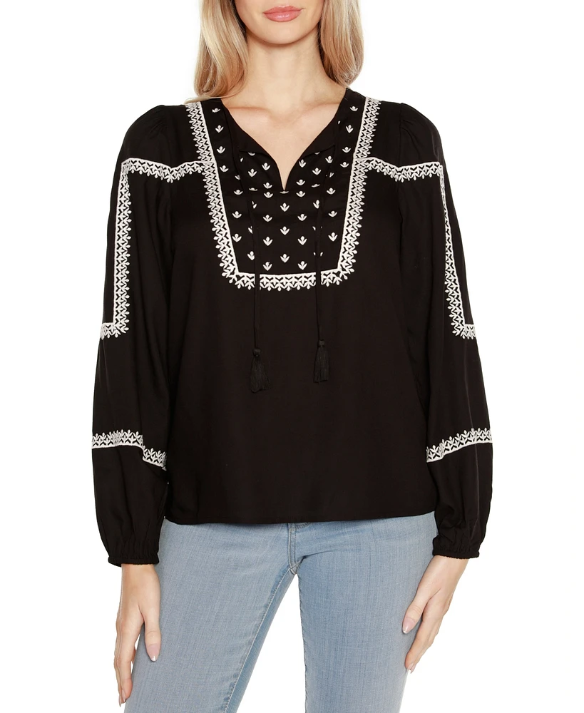 Belldini Black Label Embroidered Blouson Tie Neck Top