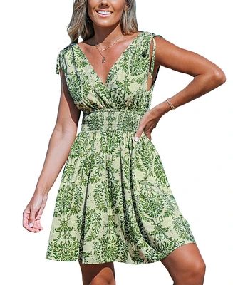 Cupshe Women's Green Damask Sleeveless Smocked Waist Mini Beach Dress