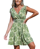 Cupshe Women's Green Damask Sleeveless Smocked Waist Mini Beach Dress