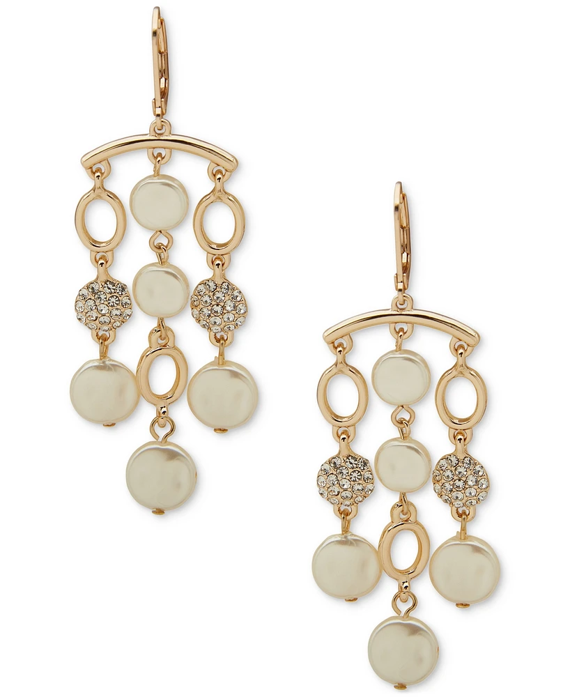 Anne Klein Gold-Tone Pave & Imitation Pearl Disc Chandelier Earrings