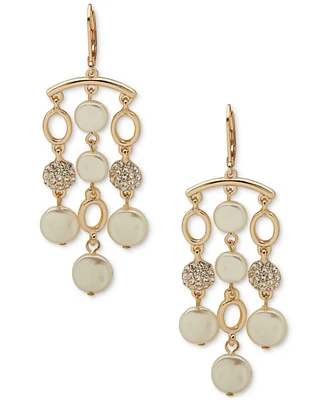 Anne Klein Gold-Tone Pave & Imitation Pearl Disc Chandelier Earrings
