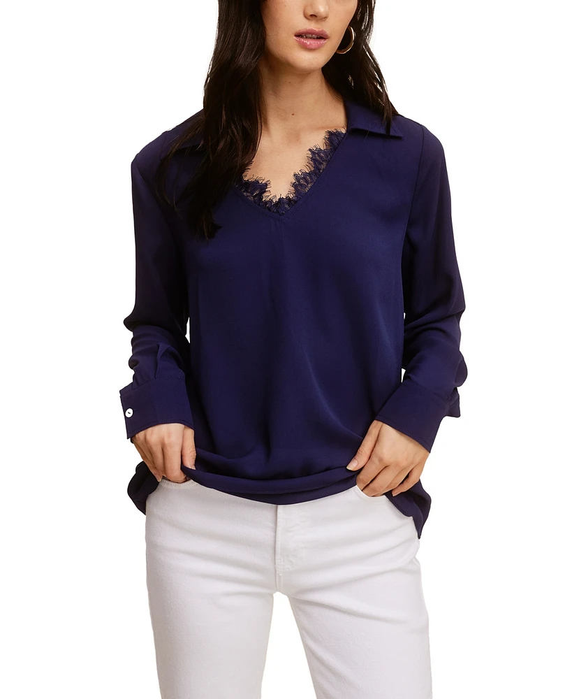 Fever Solid Soft Crepe Top W/ Collar Lace