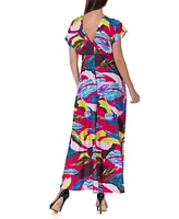 24seven Comfort Apparel Print V Neck Empire Waist Kimono Cap Sleeve Maxi Dress