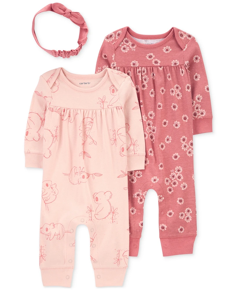 Carter's Baby Girls Pink Floral 3-Piece Jumpsuit and Headband Set